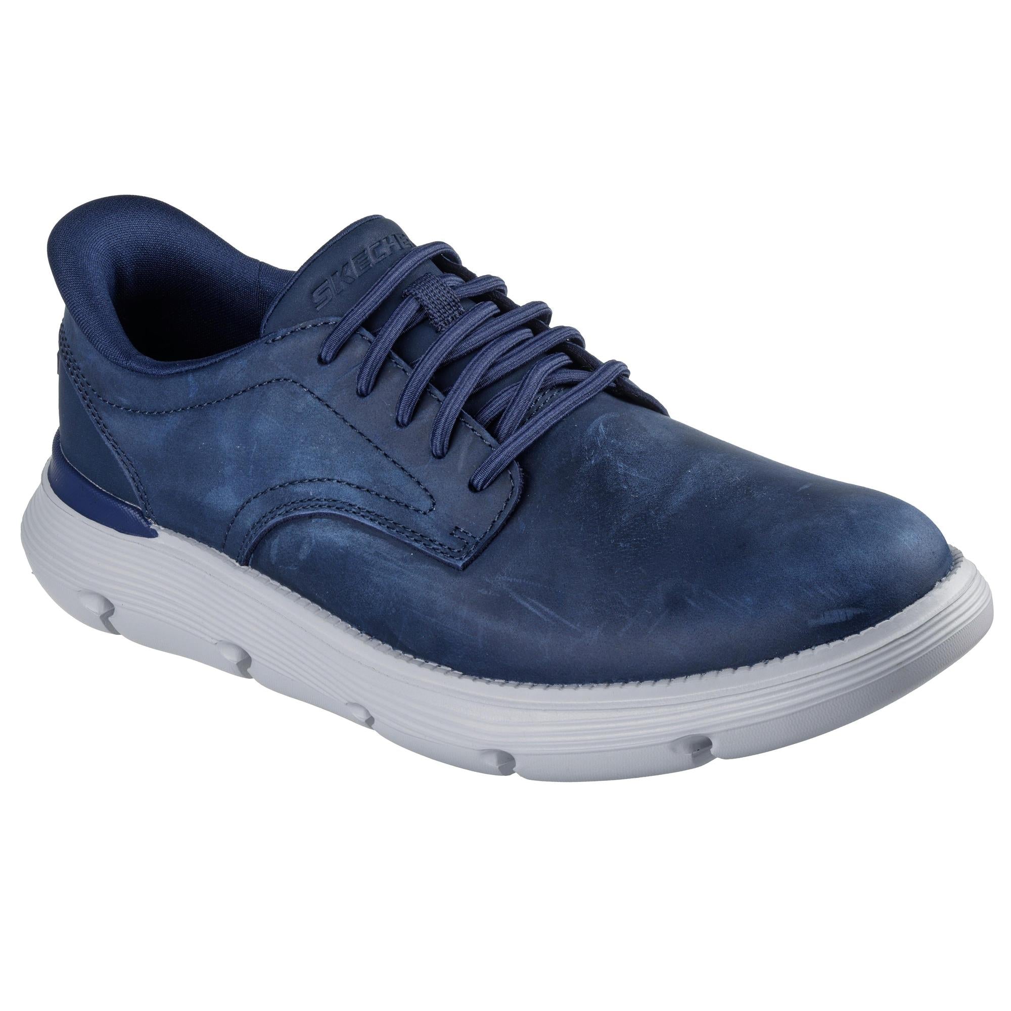 Skechers 205353 Garza - Duran Slip Ins Mens Navy/White Leather Arch Support Slip On Shoes, outer side view.