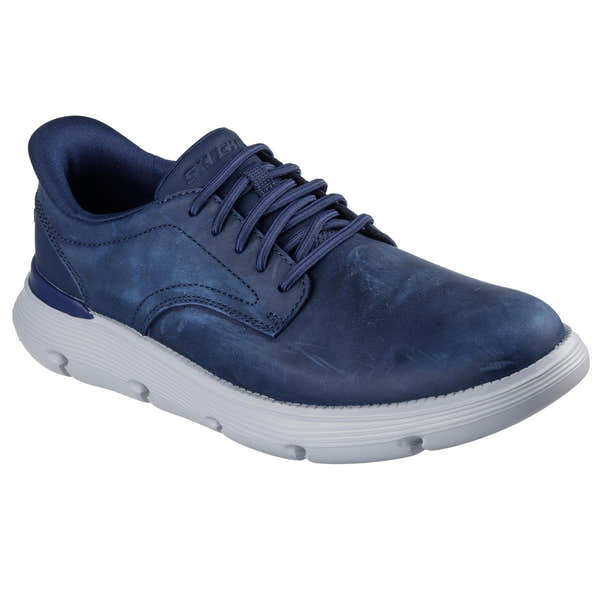 Skechers 205353 Garza - Duran Slip Ins Mens Navy/White Leather Arch Support Slip On Shoes, outer side view.