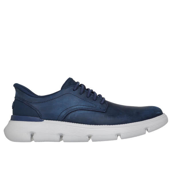 Skechers 205353 Garza - Duran Slip Ins Mens Navy/White Leather Arch Support Slip On Shoes, front three-quarter view.