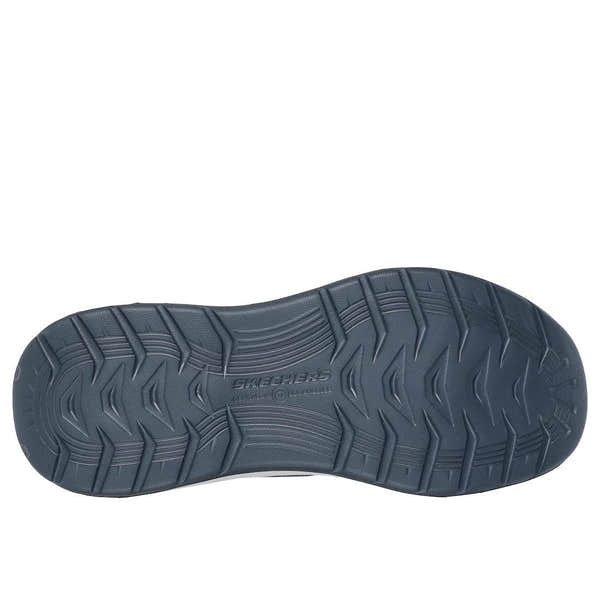 Skechers men's navy textile slip-on trainers with durable rubber soles and slip-in design for casual comfort.