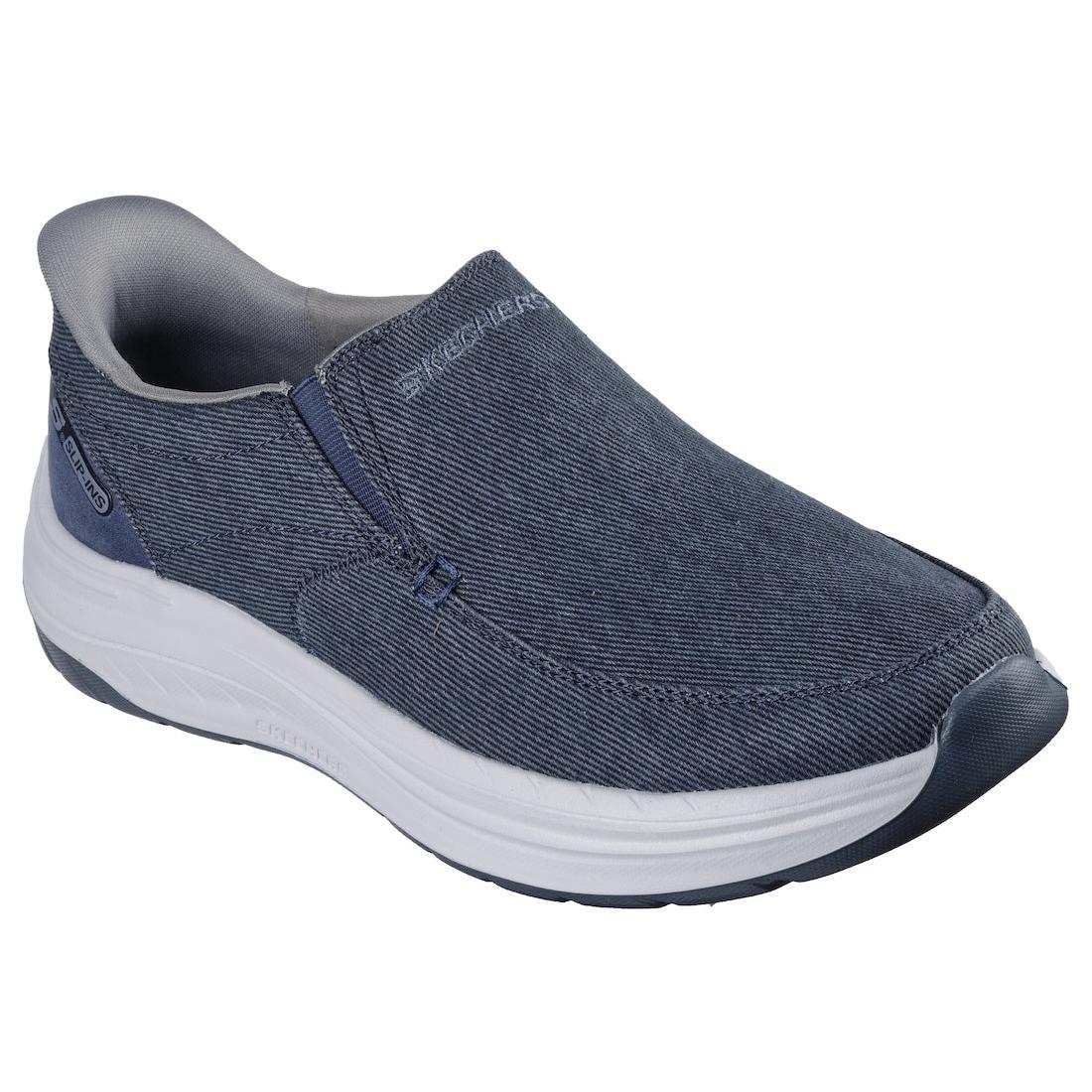 Skechers 205356 men's navy slip-in trainer with textile upper, Cushioned sole, and sporty design.
