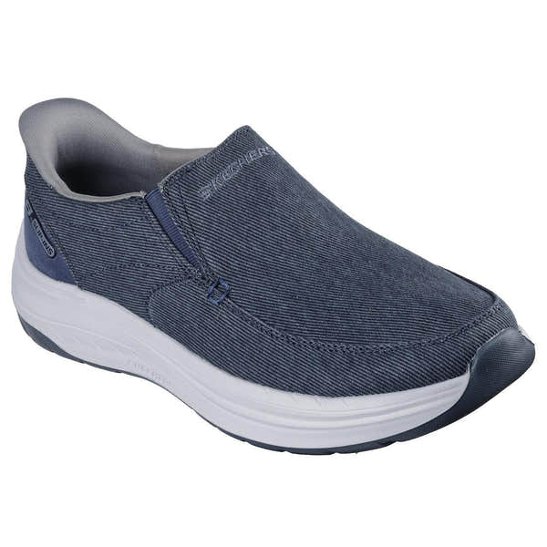 Skechers 205356 men's navy slip-in trainer with textile upper, Cushioned sole, and sporty design.