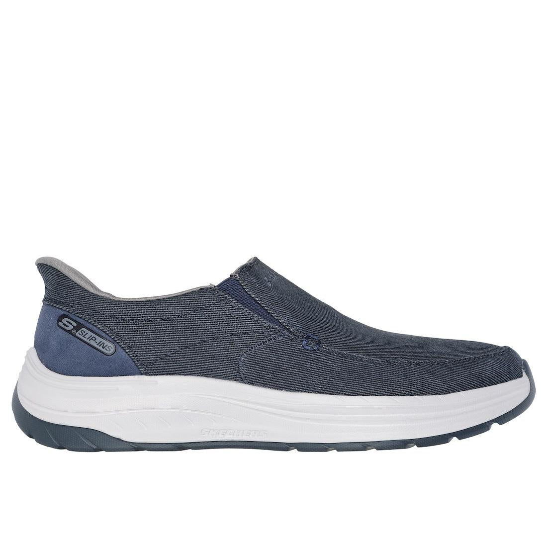 Skechers men's navy textile slip-on trainers with cushioned white and black sole, lightweight and comfortable casual footwear.