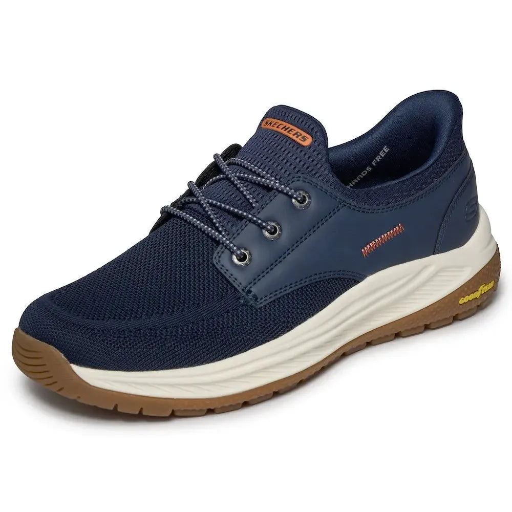 Skechers Mereo-Alden men's navy vegan slip-on trainers with breathable mesh upper and cushioned sole.