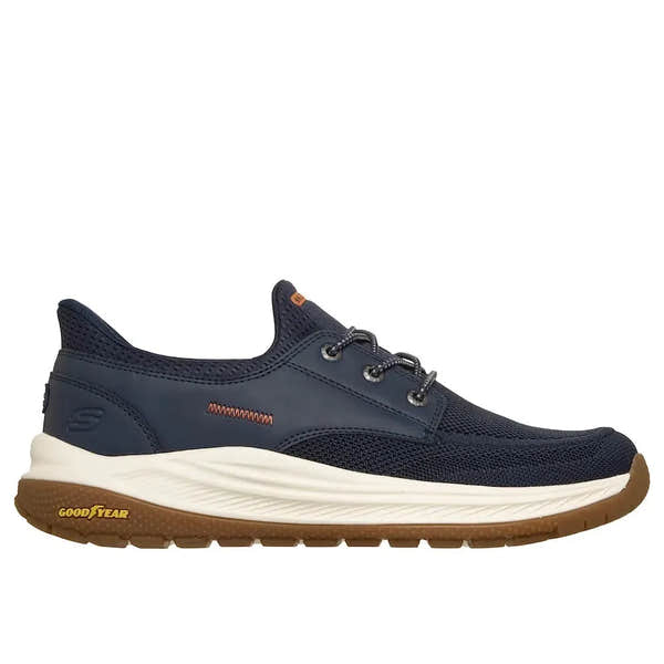 Skechers Mereo Alden men's navy vegan slip-on trainers with breathable mesh details and durable rubber sole.