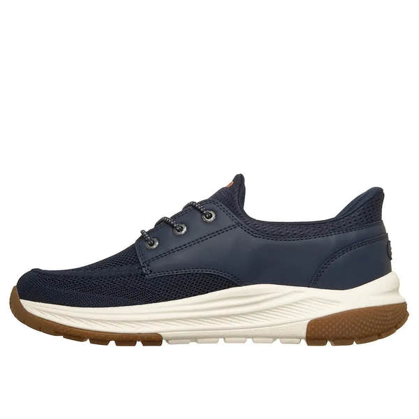 Skechers Mereo-Alden men's navy vegan slip-on trainers, breathable mesh and faux leather uppers, cushioned sole, casual athletic style.