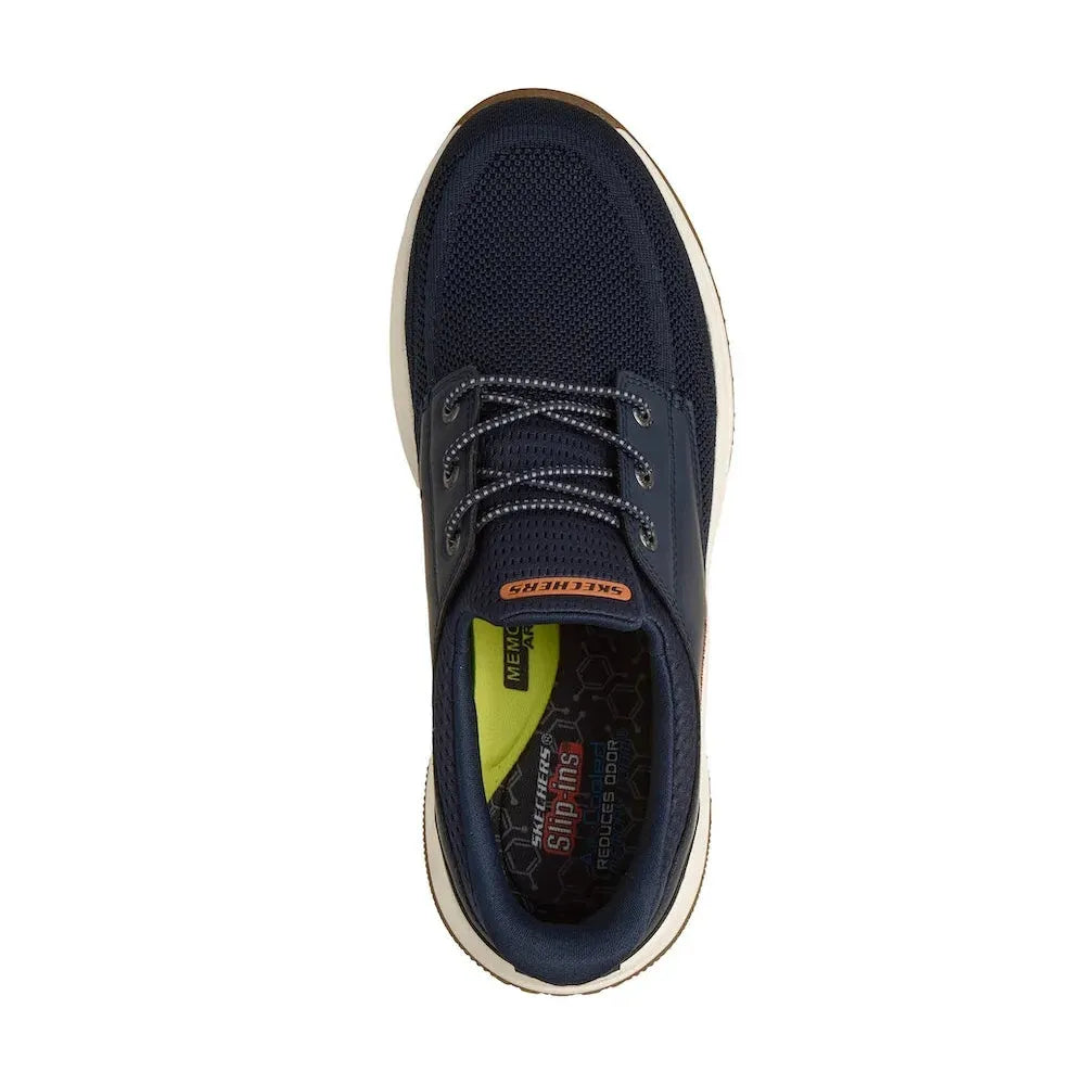 Skechers Mereo-Alden men's navy vegan slip-on trainers with breathable mesh upper and cushioned insole.
