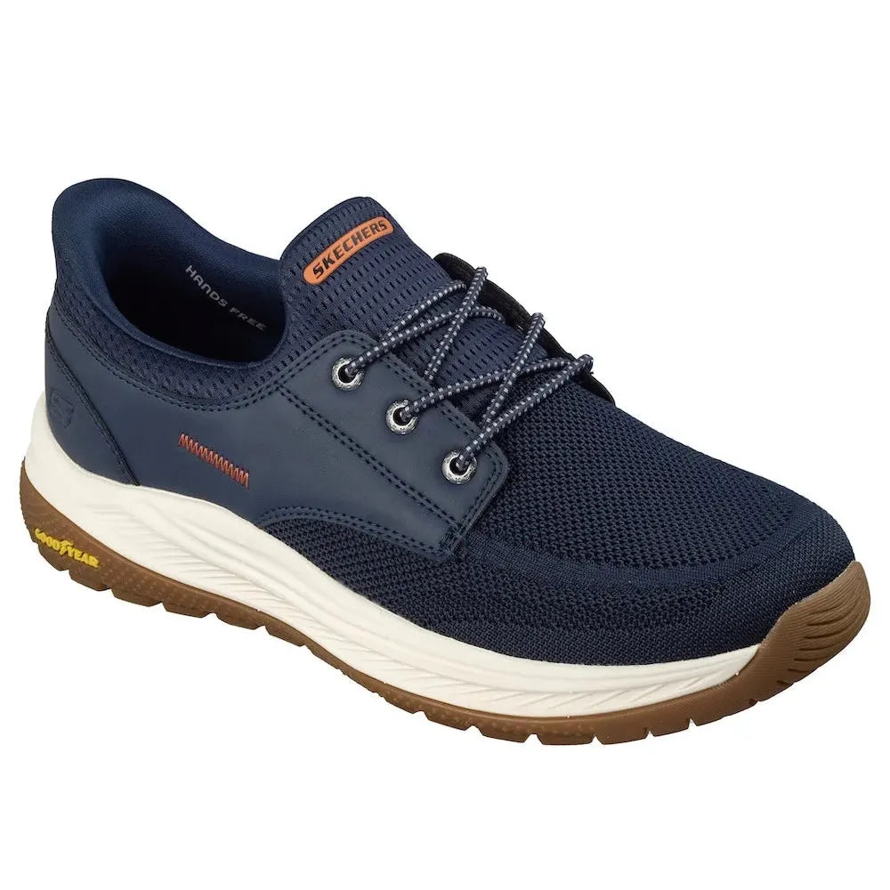 Skechers Mereo-Alden men's navy vegan slip-on trainers with breathable mesh upper and cushioned sole.