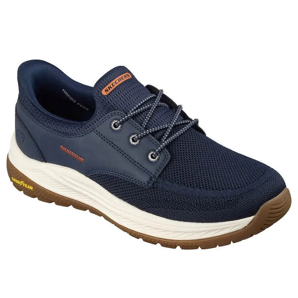 Skechers Mereo-Alden men's navy vegan slip-on trainers with breathable mesh upper and cushioned sole.