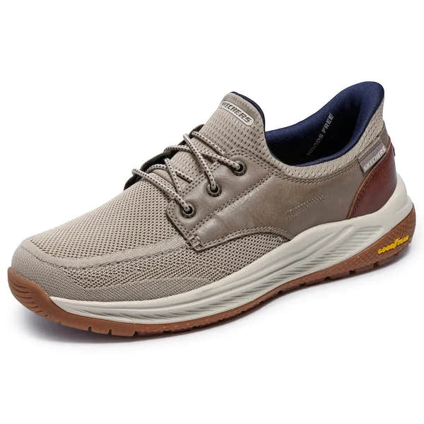 Skechers Mereo-Alden men's taupe vegan slip-on trainers with breathable mesh, synthetic leather accents, cushioned white midsole, and rubber outsole.
