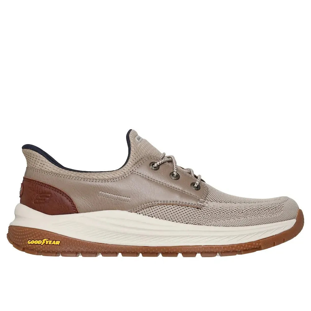 Skechers Mereo-Alden men's taupe vegan slip-on trainers with breathable mesh and cushioned sole, versatile casual footwear.