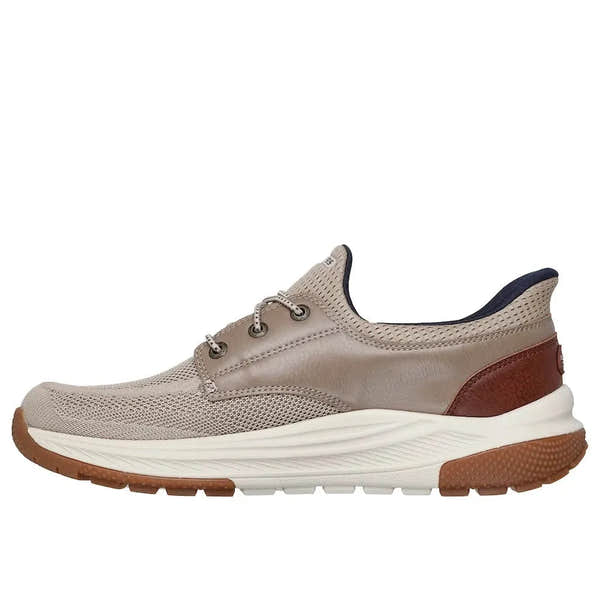 Skechers Mens Taupe Vegan Slip-On Trainers, lightweight casual sneaker with mesh and leather detailing, rubber sole.
