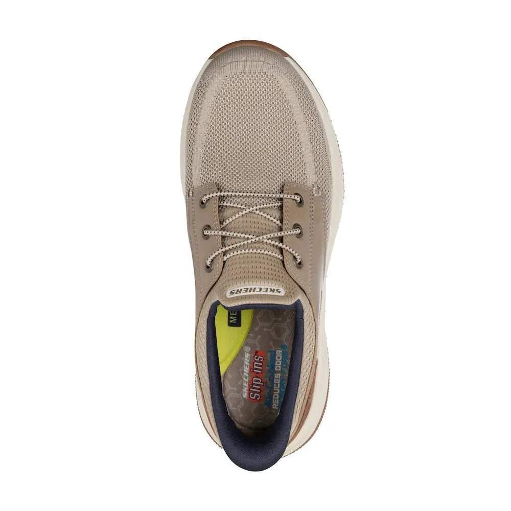 Skechers Mereo-Alden men's taupe vegan slip-on trainers with breathable mesh upper and cushioned insoles.