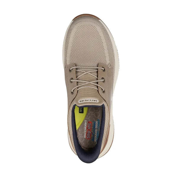 Skechers Mereo-Alden men's taupe vegan slip-on trainers with breathable mesh upper and cushioned insoles.