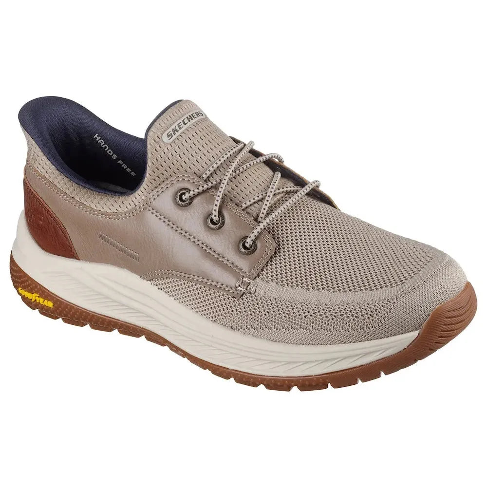Skechers Mereo-Alden men's taupe vegan slip-on trainers with breathable mesh upper, lace-up design, and cushioned sole.