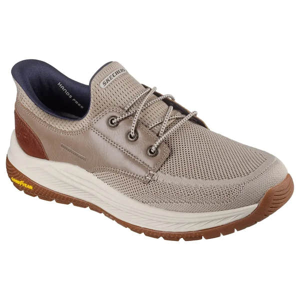 Skechers Mereo-Alden men's taupe vegan slip-on trainers with breathable mesh upper, lace-up design, and cushioned sole.