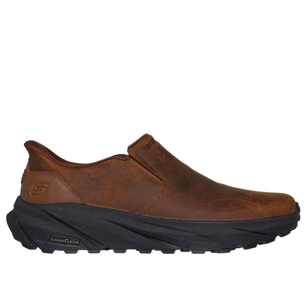 Skechers men's dark brown leather slip-on trainers with black rubber Goodyear sole for casual comfort and style.