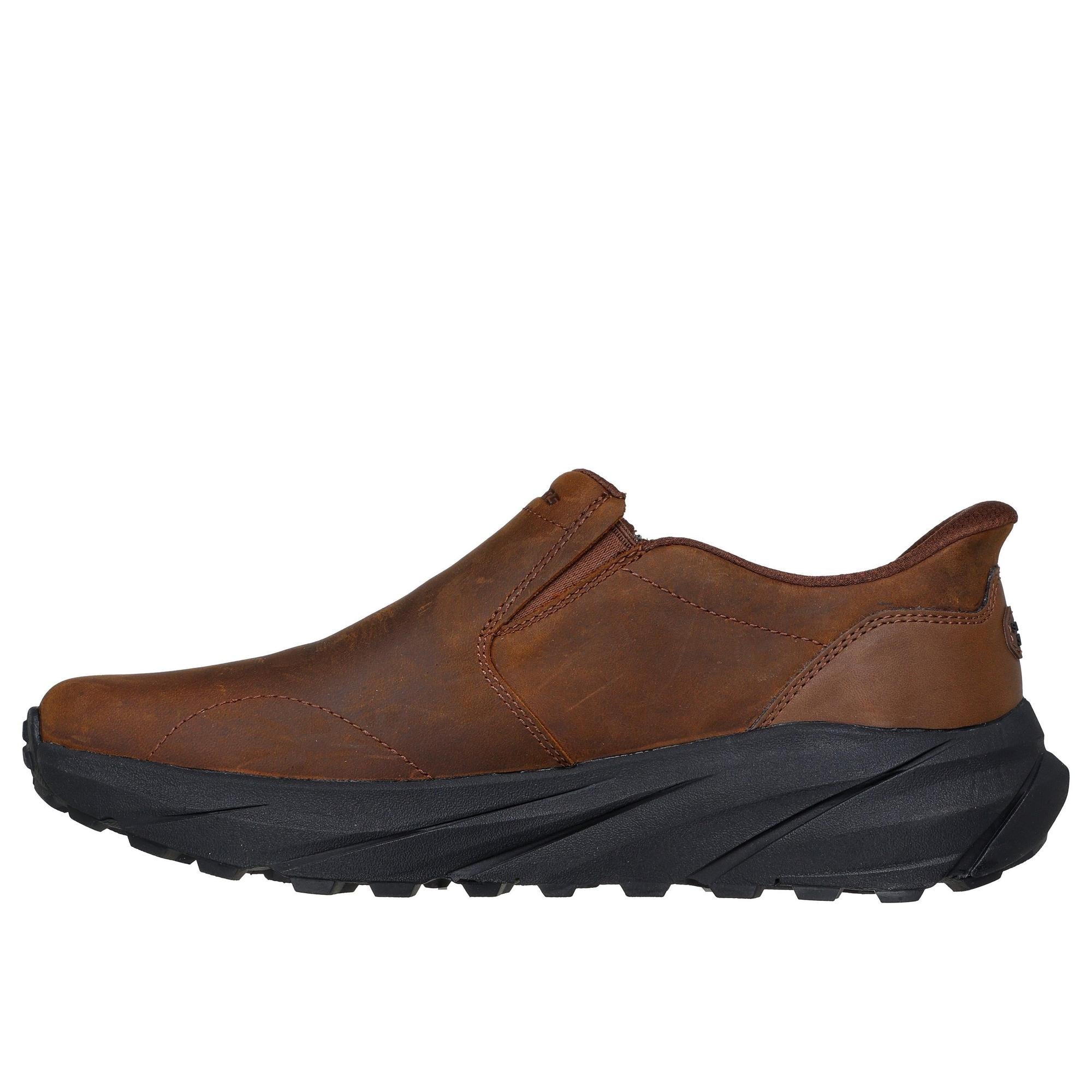 Skechers men's dark brown leather slip-in trainers with black chunky rubber sole, stylish and comfortable casual footwear.
