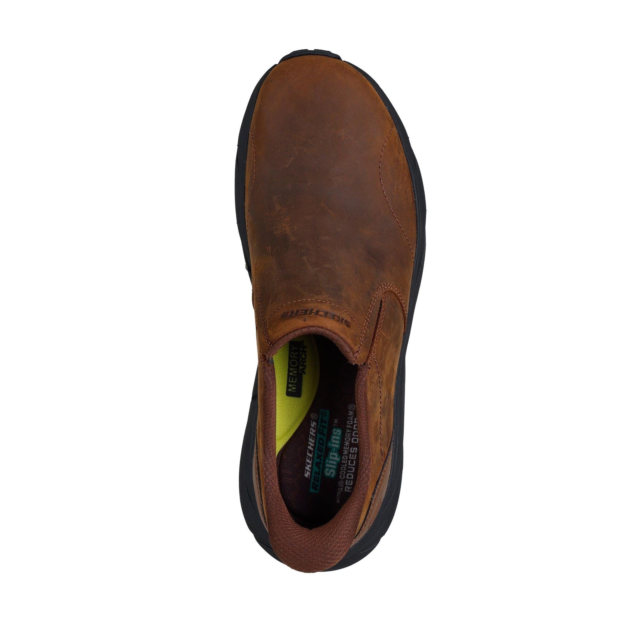 Skechers men's dark brown leather slip-on trainers with memory foam insole and black sole, casual comfort footwear.