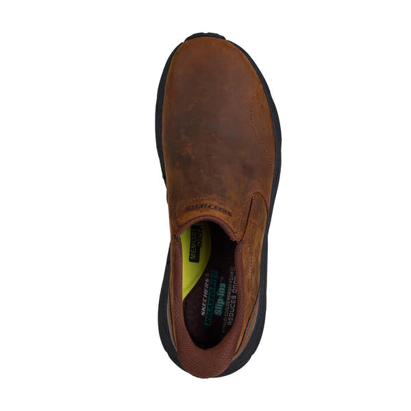 Skechers men's dark brown leather slip-on trainers with memory foam insole and black sole, casual comfort footwear.
