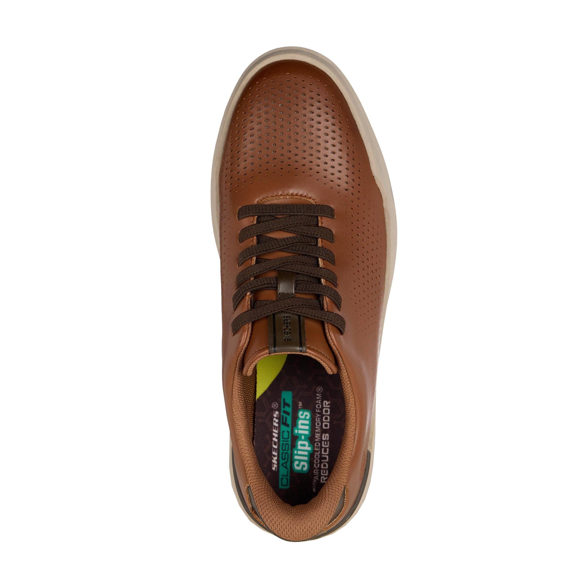 Skechers Men's brown slip-on shoes with perforated upper, lace-up style, and cushioned insole for comfort.
