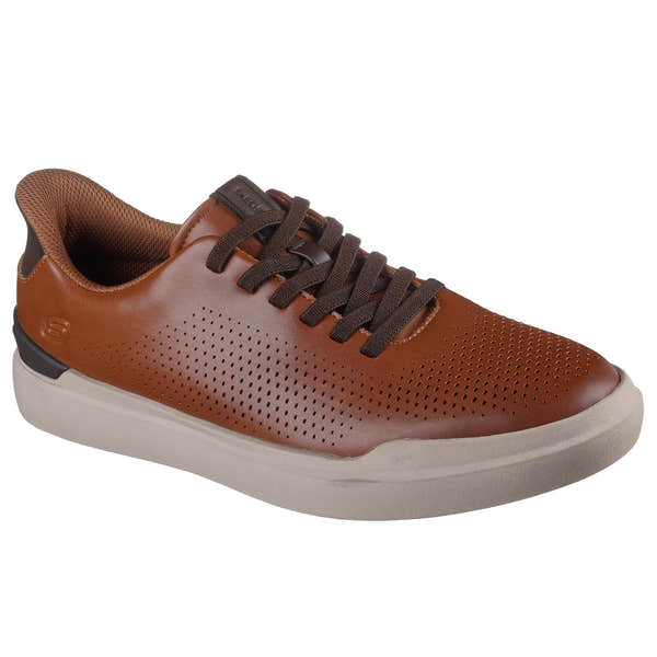 Skechers men's brown slip-on athletic shoe with perforated upper, cushioned lining, and white rubber outsole.