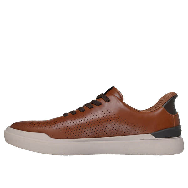 Skechers Owen Connell men's brown slip-on sneakers with perforated leather upper and white rubber sole.