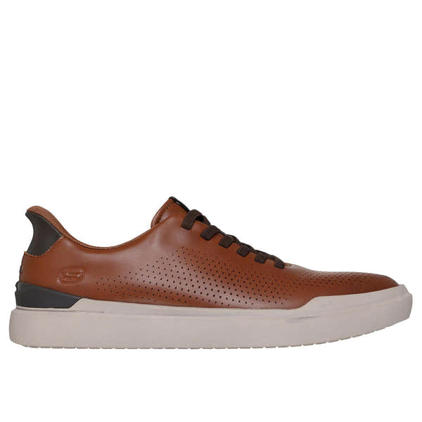 Skechers Owen Connell men's brown slip-on casual sneaker with perforated upper and white sole.