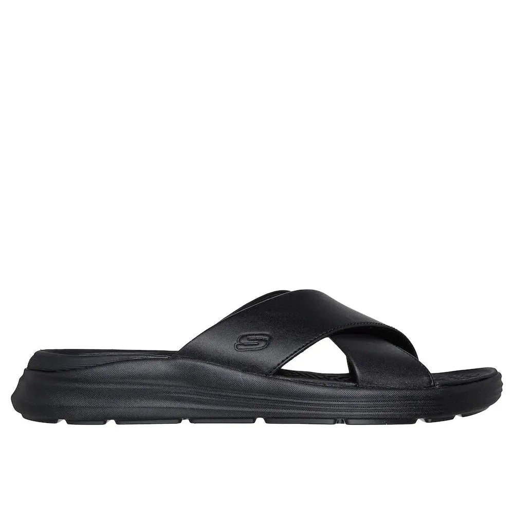 Skechers Men's Black Leather Slip-On Sandals, Sargo-Denal style, lightweight with cushioned sole and wide strap for comfort.