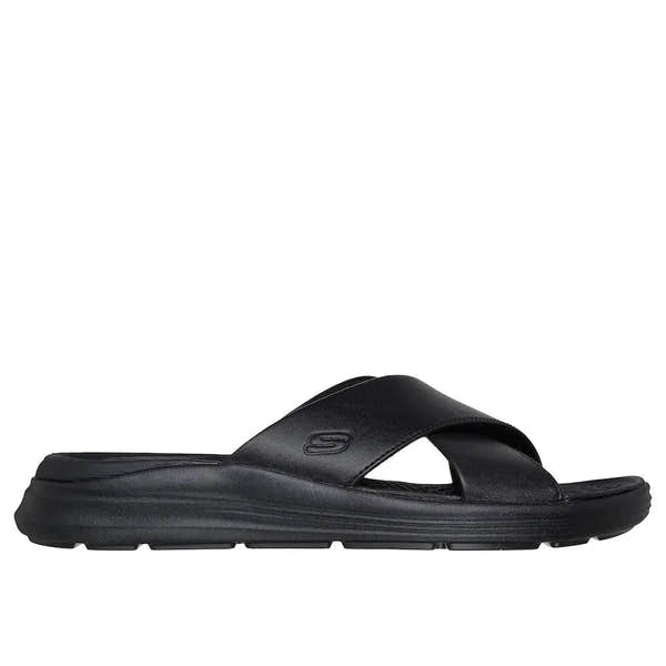 Skechers Men's Black Leather Slip-On Sandals, Sargo-Denal style, lightweight with cushioned sole and wide strap for comfort.