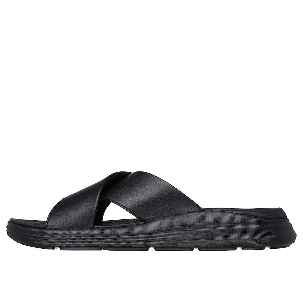 Skechers Men's Black Leather Slip-On Sandals, casual slip-in design, cushioned sole, open-toe style.