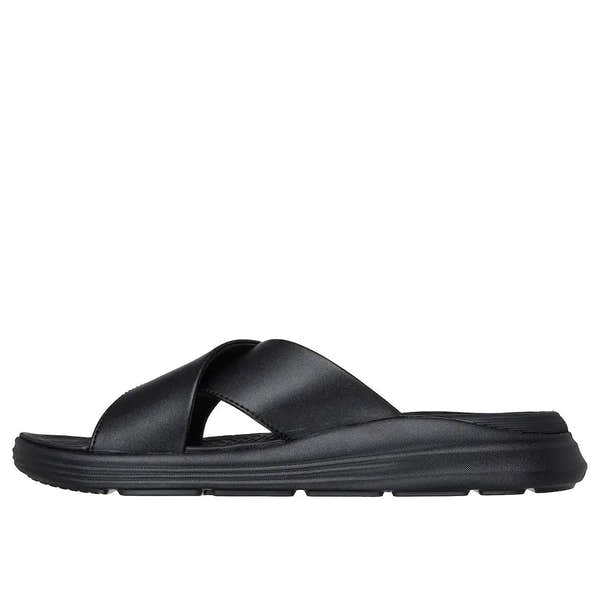 Skechers Men's Black Leather Slip-On Sandals, casual slip-in design, cushioned sole, open-toe style.