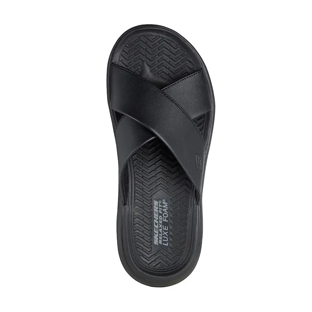 Skechers men's black leather slip-on sandals with cushioned insole and textured outsole for comfort.