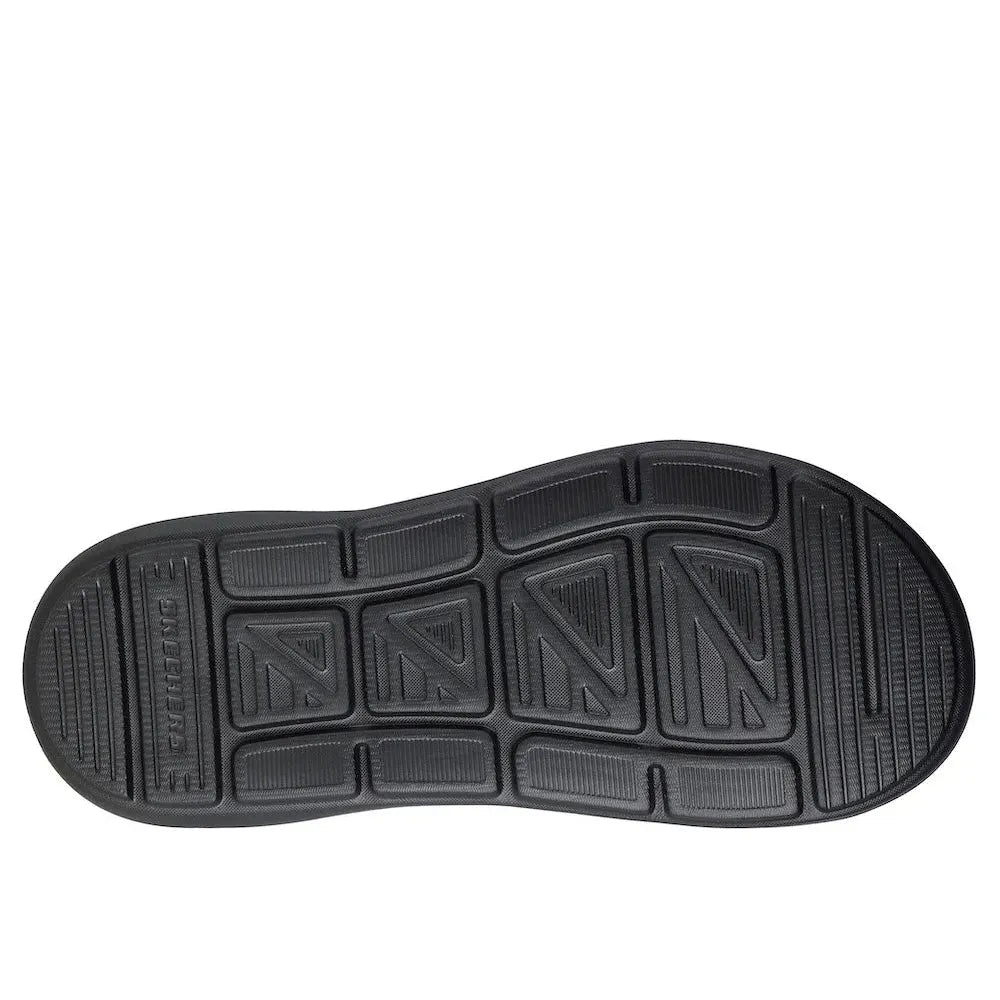 Skechers 205627 Sargo-Denal men's black leather slip-on sandals with textured rubber sole.