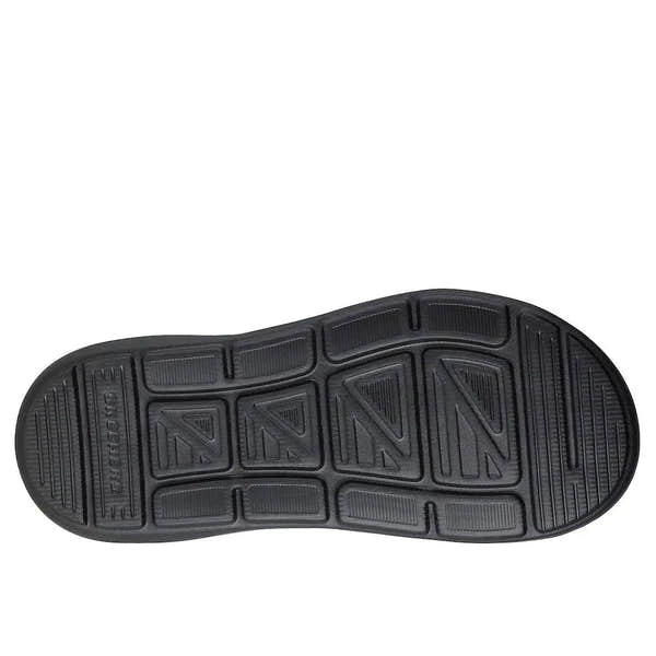 Skechers 205627 Sargo-Denal men's black leather slip-on sandals with textured rubber sole.