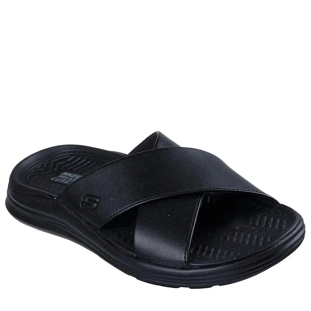 Skechers Sargo-Denal men's black leather slip-on sandals with cushioned footbed and crossover strap design.