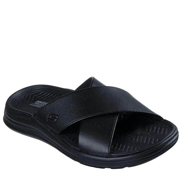 Skechers Sargo-Denal men's black leather slip-on sandals with cushioned footbed and crossover strap design.