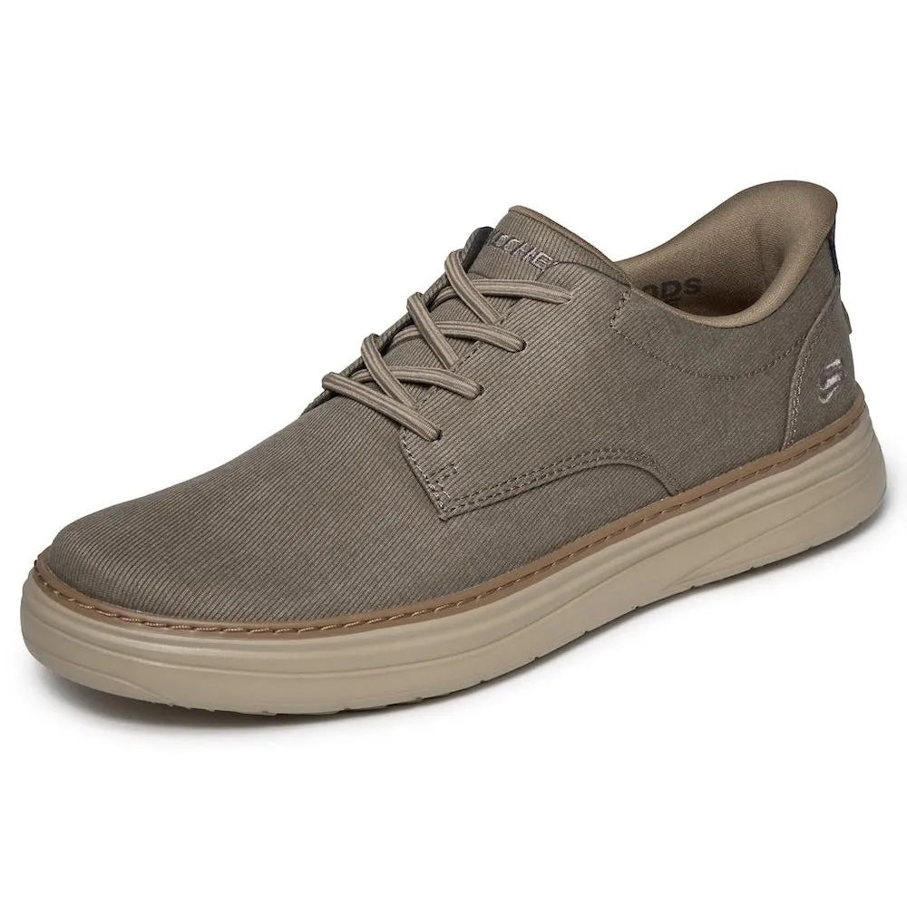 Skechers Hyland-Justino men's dark taupe vegan slip-on trainers with cushioned sole and breathable fabric upper.