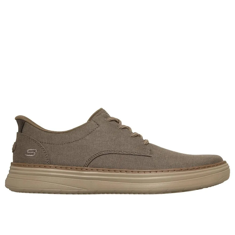 Skechers Mens Hyland-Justino dark taupe vegan slip-on trainers with breathable fabric and cushioned sole.