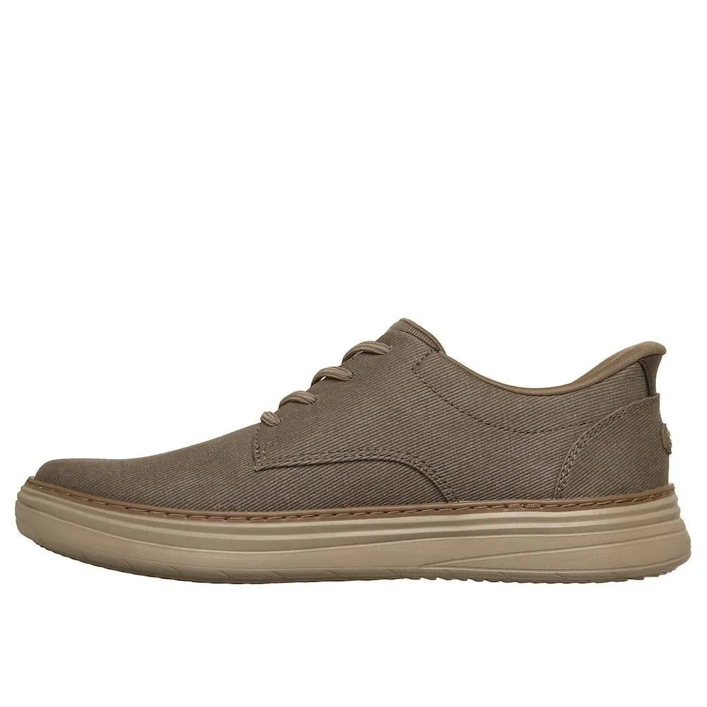 Skechers Hyland-Justino men's dark taupe vegan slip-on trainers with breathable fabric upper and comfortable cushioned sole.