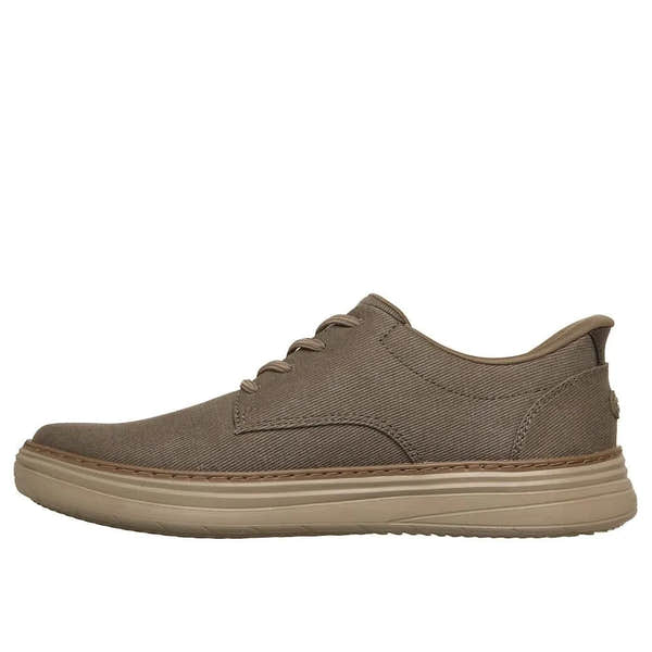Skechers Hyland-Justino men's dark taupe vegan slip-on trainers with breathable fabric upper and comfortable cushioned sole.