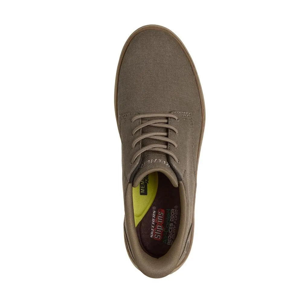 Skechers Hyland-Justino men's dark taupe vegan slip-on trainers, casual sneaker with laces, cushioned insole, and durable outsole.