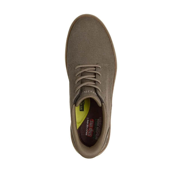 Skechers Hyland-Justino men's dark taupe vegan slip-on trainers, casual sneaker with laces, cushioned insole, and durable outsole.