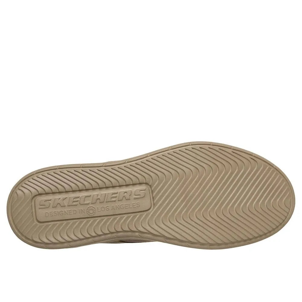 Skechers Hyland-Justino men's vegan slip-on trainers, dark taupe, lightweight casual sneakers with rubber sole, designed in Los Angeles.