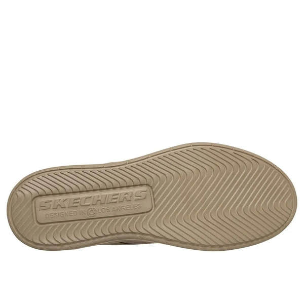 Skechers Hyland-Justino men's vegan slip-on trainers, dark taupe, lightweight casual sneakers with rubber sole, designed in Los Angeles.