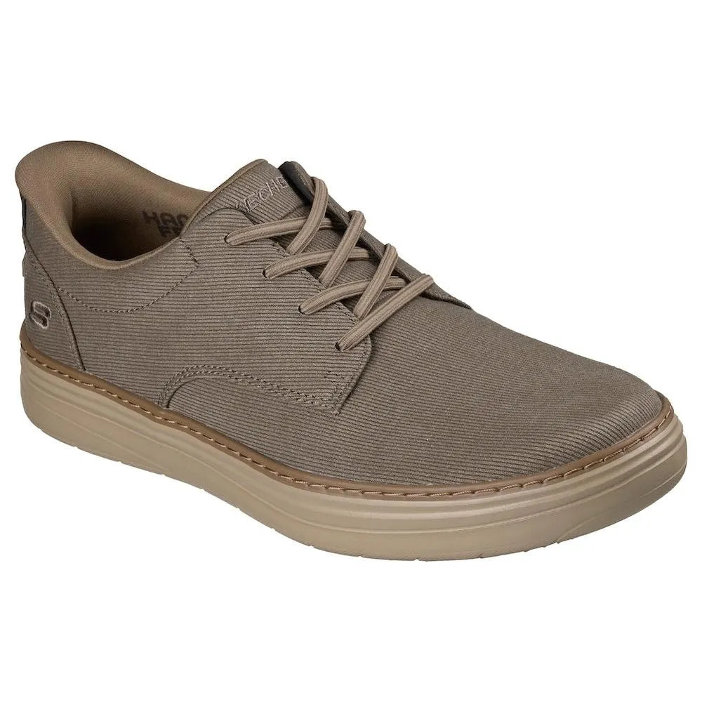 Skechers Hyland-Justino men's dark taupe vegan slip-on trainers with casual design and cushioned sole.