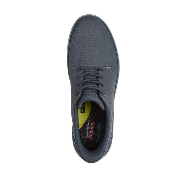 Skechers Hyland-Justino men's navy vegan slip-on trainers with breathable upper and cushioned insole.