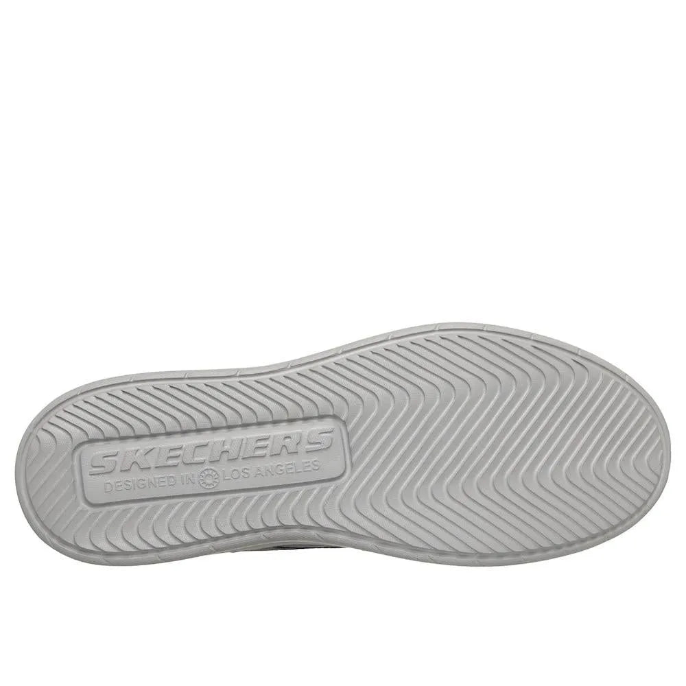 Skechers Hyland-Justino men's navy vegan slip-on trainers with rubber outsole and branded sole detail.