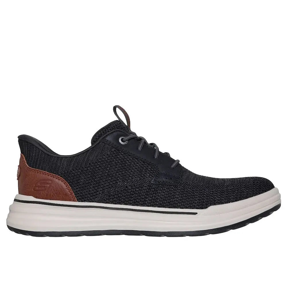 Skechers Sterling-Ramone men's black vegan slip-on trainers with white sole and brown heel detail, lightweight and stylish footwear.