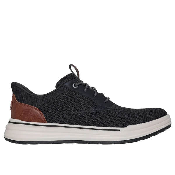 Skechers Sterling-Ramone men's black vegan slip-on trainers with white sole and brown heel detail, lightweight and stylish footwear.